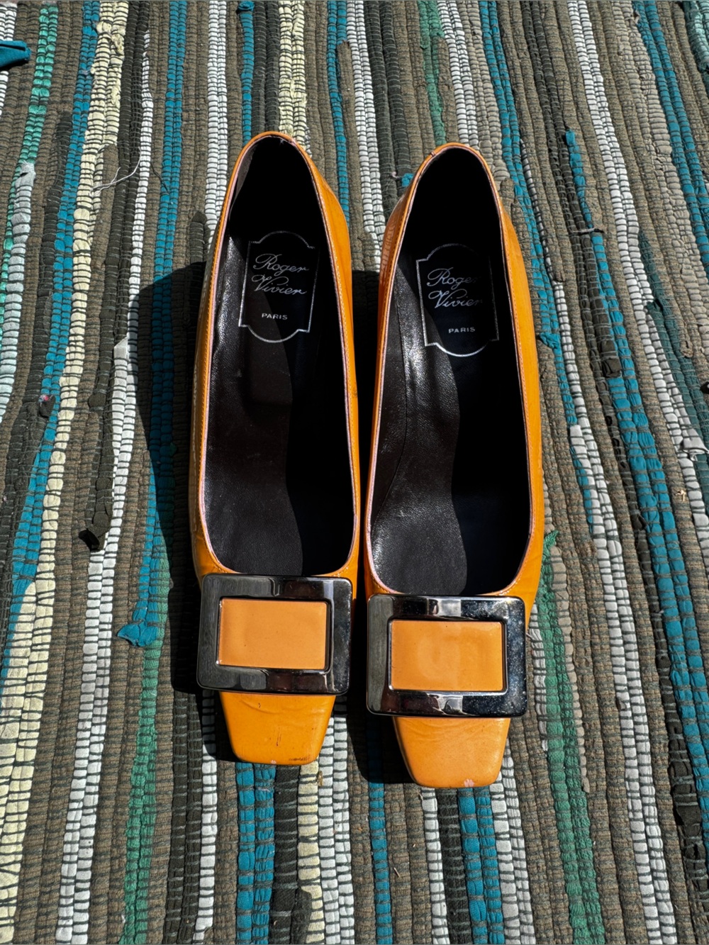 Vintage Roger Vivier Paris Yellow Patent Leather Buckle Pumps Sz 37 1/5